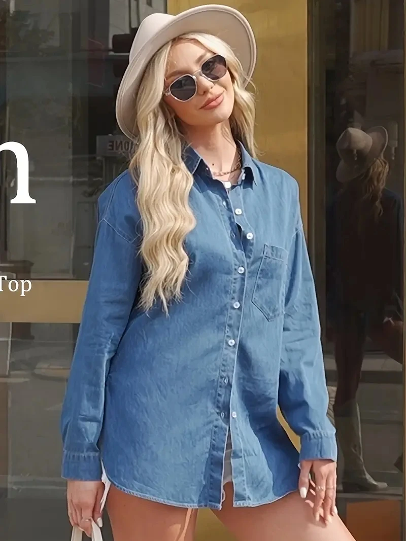 

ZMTUO Women's Light Blue Denim Shirt Classic Collar Button Placket Effortless Style Urban Fashion Versatile Wardrobe Piece Shirt