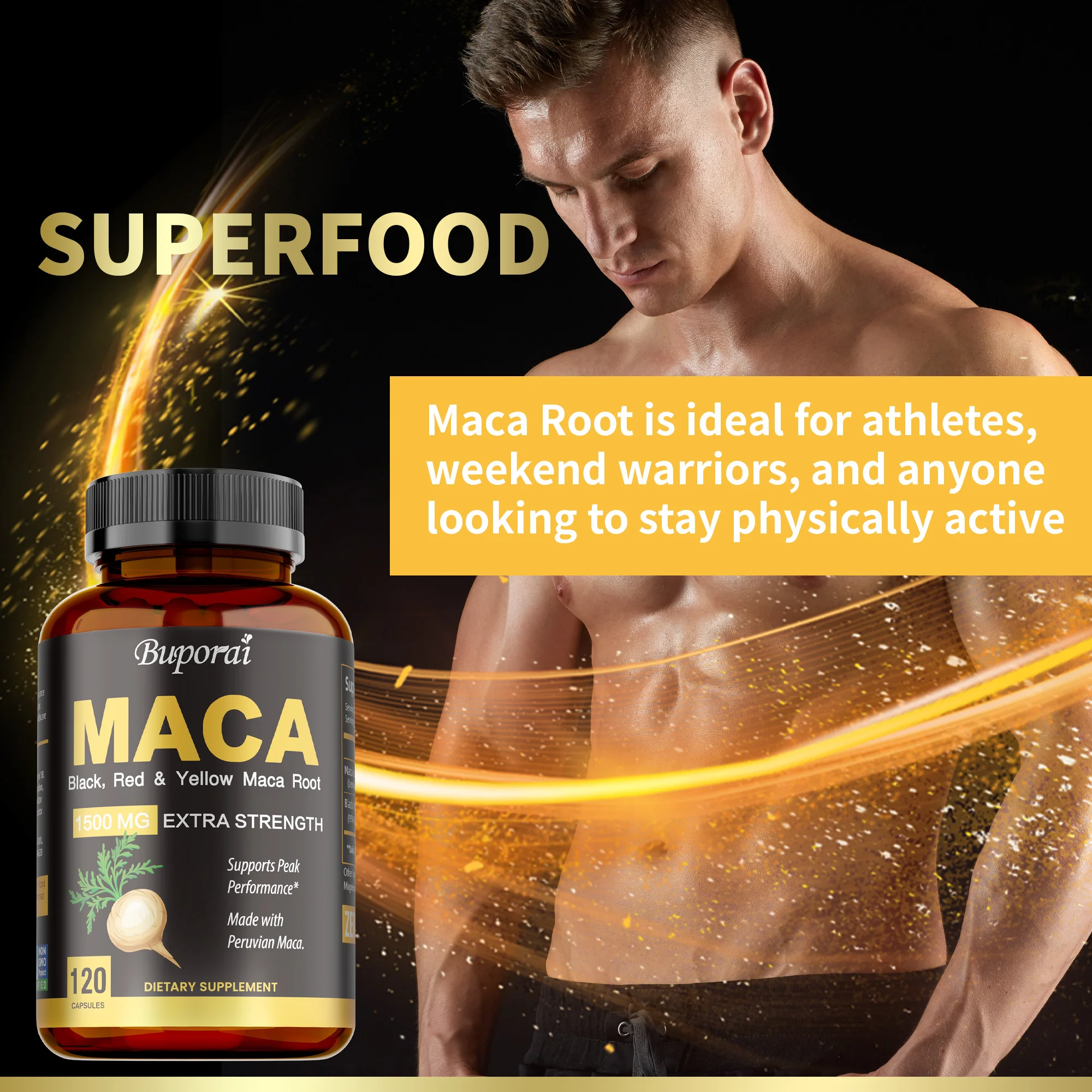 Organic Maca Root Powder Capsules with Black + Red + Yellow Peruvian Maca Root Extract Supplement for Men Women