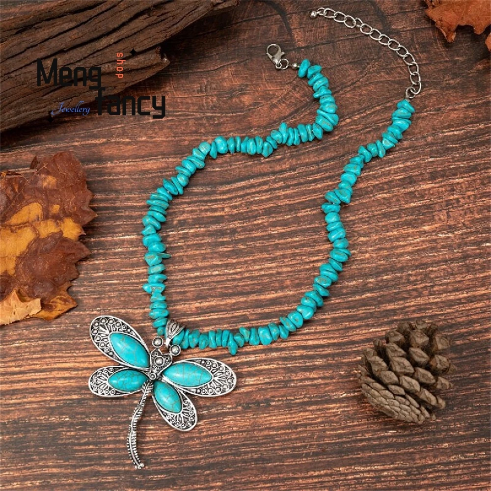 

Turquoise Dragonfly Necklace, A Unique Retro Carved Heavy Industry Pendant Necklace Accessory Fashion Jewelry Exquisite Elegant