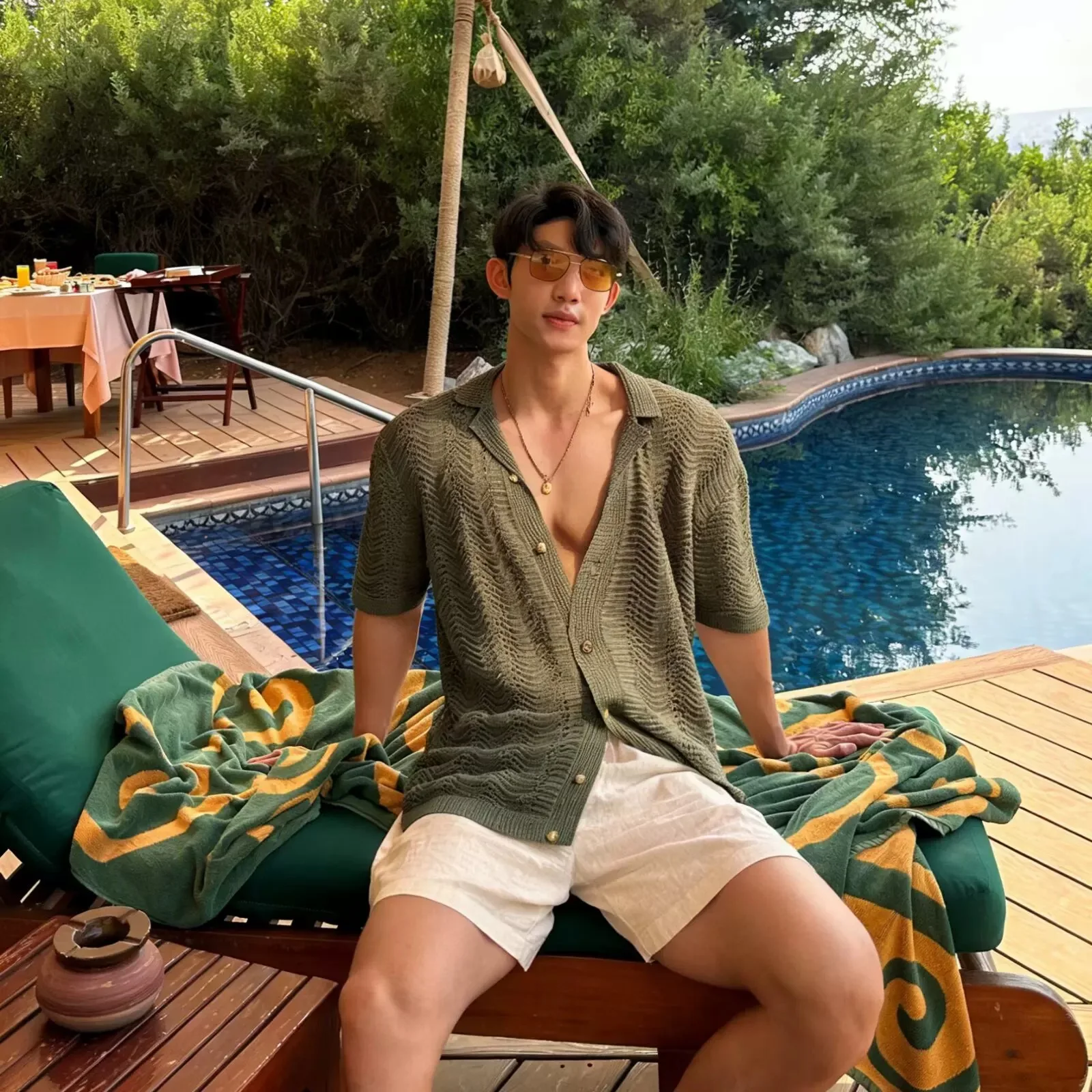 Male Sexy Cuban Collar Hollow Shirts Tops Men Knit Vintage Beach Holiday Tropical Blouse Tees Casual Senior Mature Charm Tops