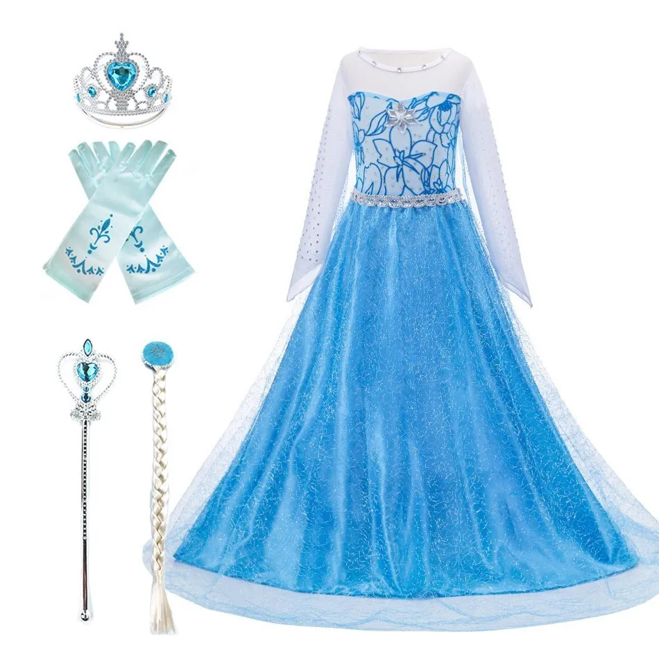 

3-10T Girls Elsa Dress Children Halloween Princess Costume Kids Snow Queen Fancy Dress Christmas Carnival Party Gown Long Cloak