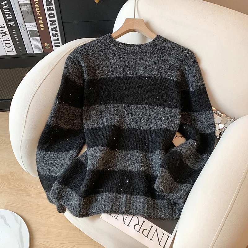 

Heavy Industry Fine Shining Piece Striped Sweater Women's Autumn/Winter Korean Style Loose Casual Knitted Pullover