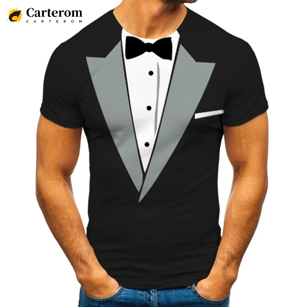 New Funny Fake Suit Bow Tie 3D T-shirt Men\'s Shirt Tuxedo Retro Tie Suit Printed T Shirt Fashion Casual Streetwear Short Sleeved