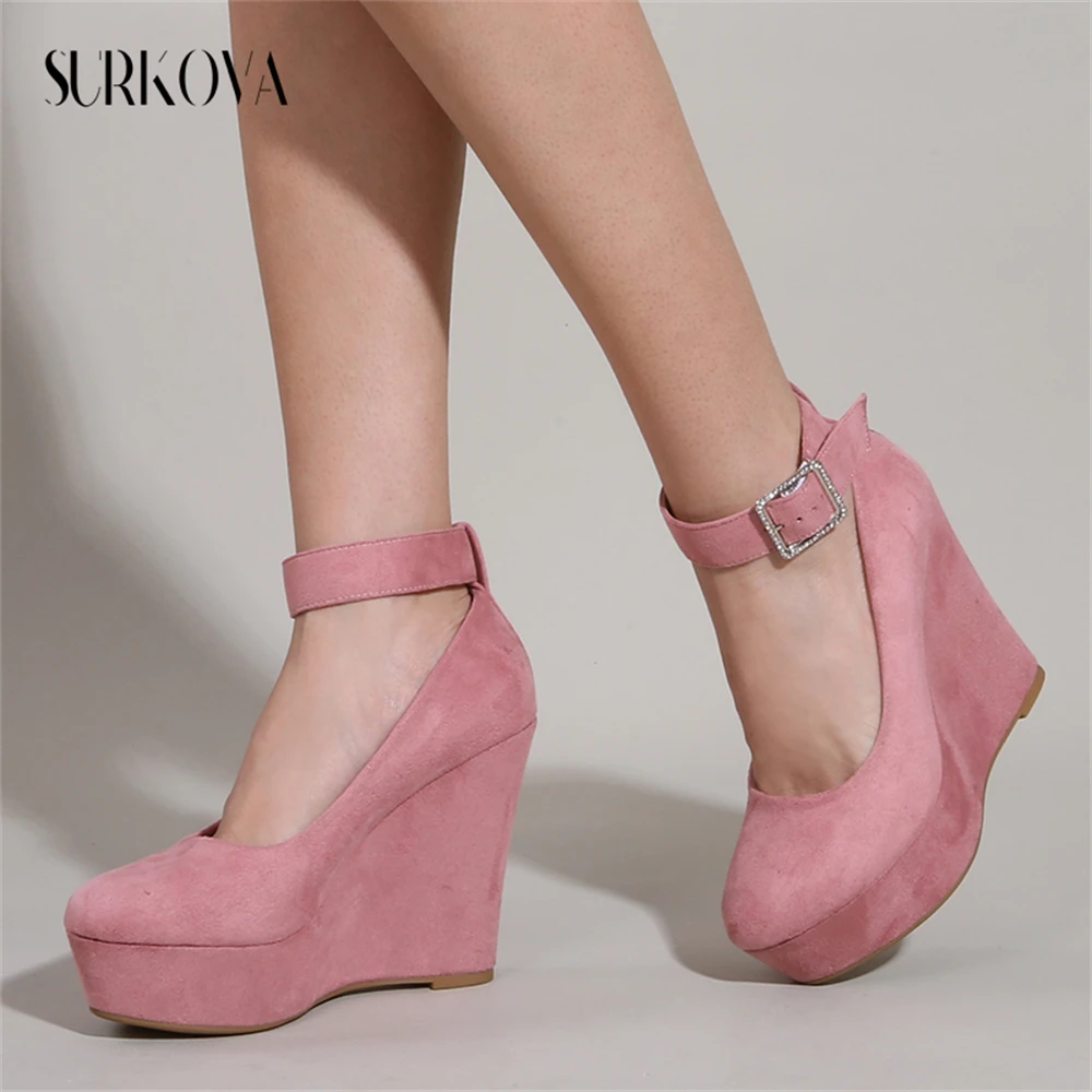 New Multicolor Thick Sole Wedge PU Suede Pumps Rhinestone Buckle Fashion Women's Shoes Ladies Round Toe Platform High Heels