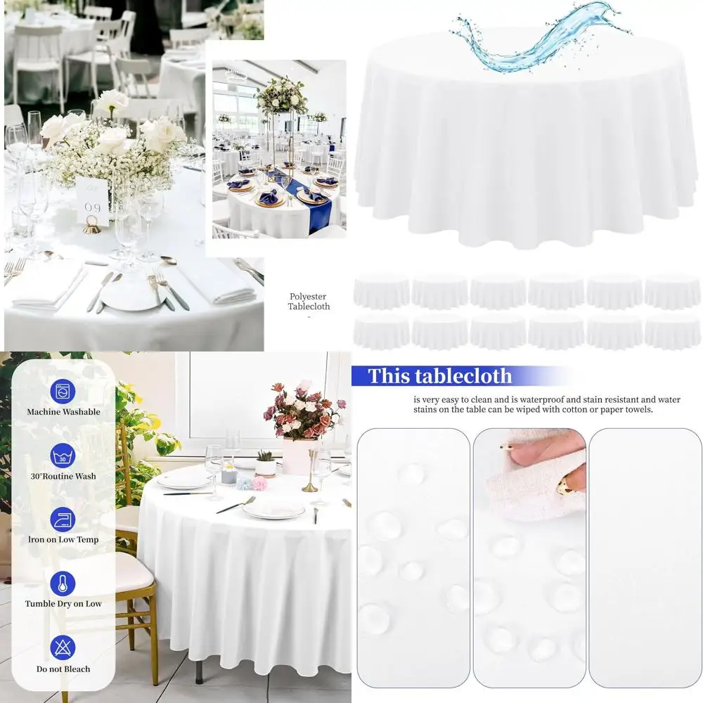 

90 Round White Waterproof Polyester Tablecloth, Stain & Wrinkle Resistant for Parties & Weddings