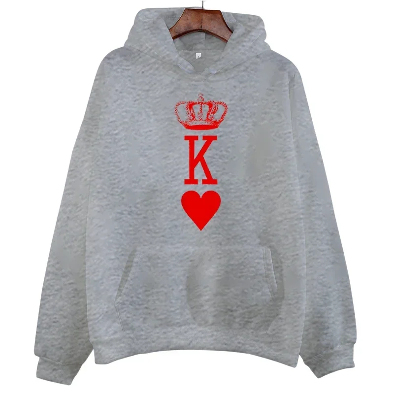 Matching Hoodie Red Heart Crown King Queen Print Hoody Loose Sweater Graphic Matching Outfits for Couples Long Sleeve Casual Top