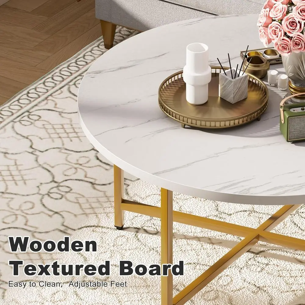 大きな白と金の丸いコーヒーテーブル、直径31.5インチ、高さ17.7インチ、リビングルーム、オフィス、パティオ、庭での使用に適しています。