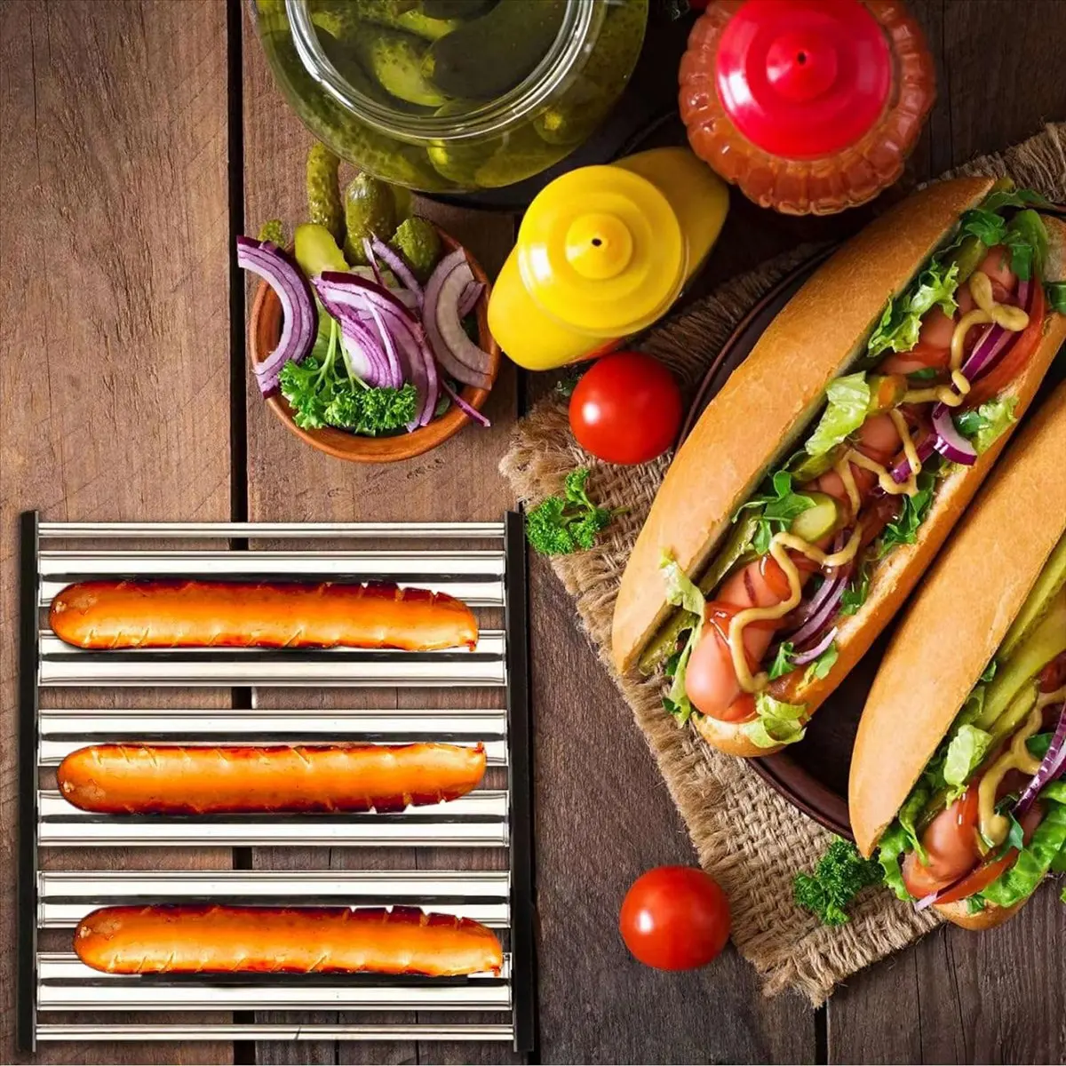 

Роллер для хот-догов AA49, подставка для сосисок из нержавеющей стали с деревянной ручкой, гриль для хот-догов для равномерной обжарки.