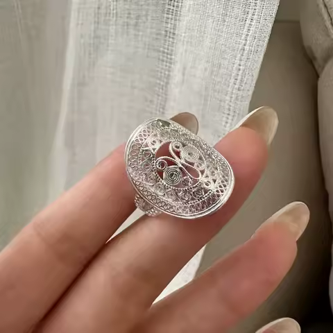 925 Sterling Silver Rings For Women Vintage Handmade Adjustable Oval Flower Ring Fashion Band Female Bijoux Gift