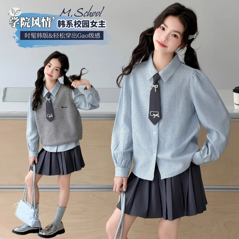 Girls Suit2026Autumn new style for older children: college-style striped shirt, embroidered vest, and pleated skirt three-piece