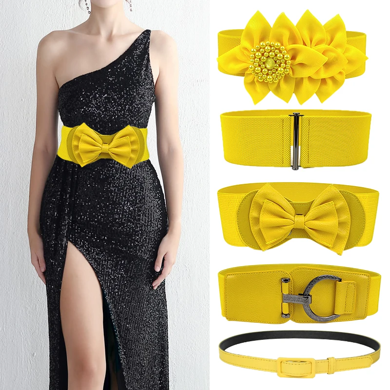 Elastic Yellow Decorative Belt Simple Fashionable Wide Waistband for Women Dress Sweater Accessory Skirt Belt Hook Buckle