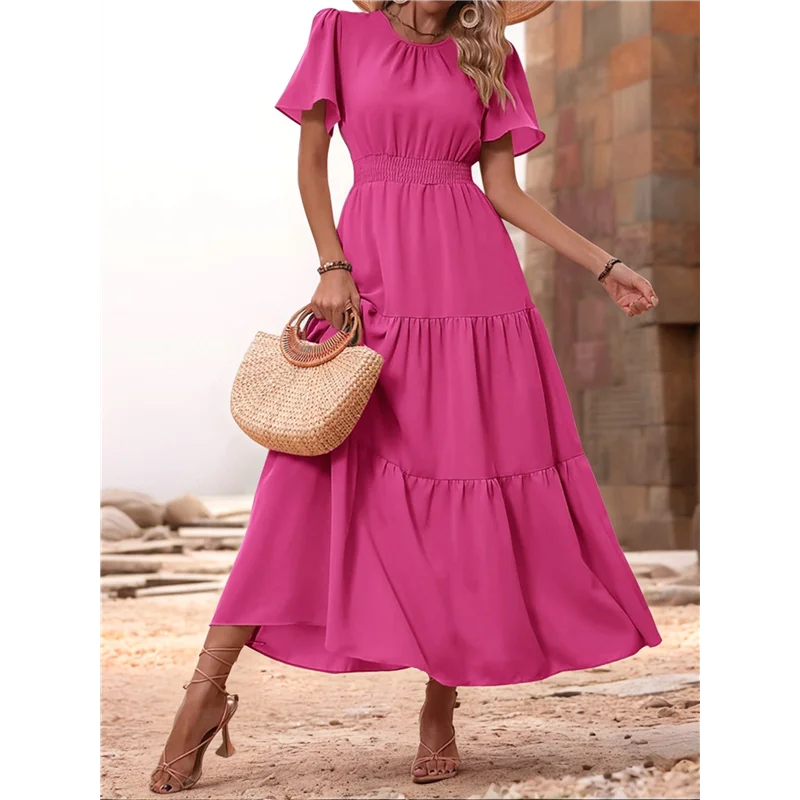 ABRT-femmes été décontracté manches courtes flottantes col rond taille smockée à plusieurs niveaux Boho Floral robe Maxi fluide