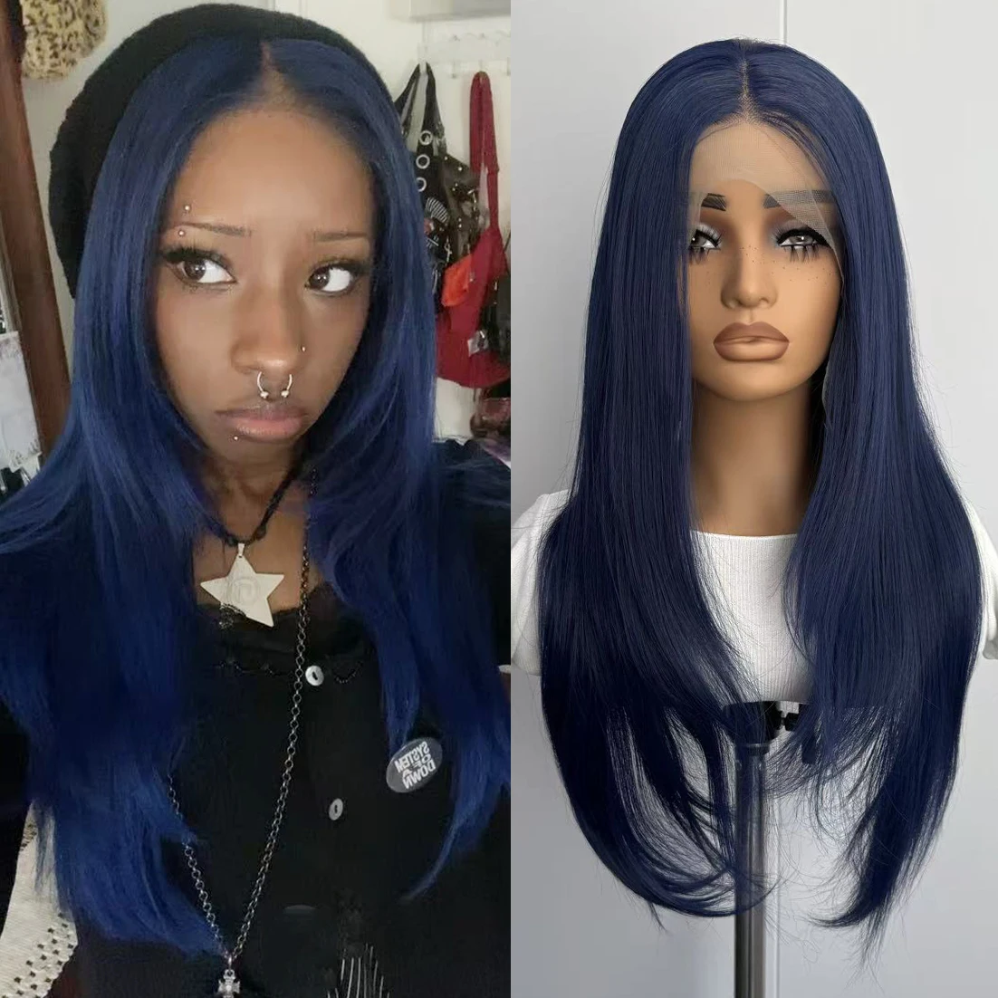 

Dark Blue Wig for Women Layered Cut 13x4 Lace Front Wig Synthetic Hair Natural Wave Natural Hairline Daily Wear Cosplay Party