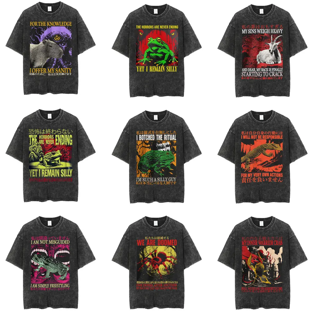 

Washed Vintage Japanese Style Lizard Rat Capybara Giraffe Pigeon Spider Frog Crab Funny Meme T Shirt Men Casual Cotton T-shirt