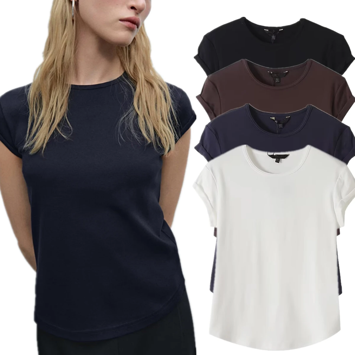 

Maxdutti French Fashion Women's Summer Cotton T-shirt Women Minimalist Solid Color Round Neck Short Sleeved T-Shirt Top