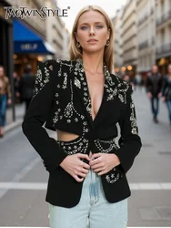 TWOTWINSTYLE, Blazers lisos de retales con diamantes para mujer, cuello con muescas, manga larga, abrigo ajustado con botones empalmados calados para mujer