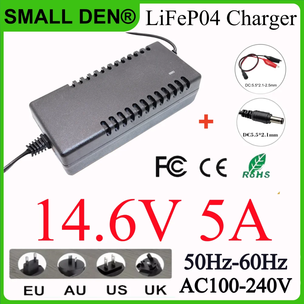 14.6V 5A LiFePO4 Charger 4S 12.8V Lifepo4 battery pack charger Smart power off AC100-240V DC5.5*2.1/2.5mm Plug +Crocodile clip