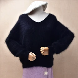 Women Mujer Autumn Winter Clothing Hairy Black Mink Cashmere Knitted V-Neck Crop Top Loose Pullover Angora Fur Sweater Jumper