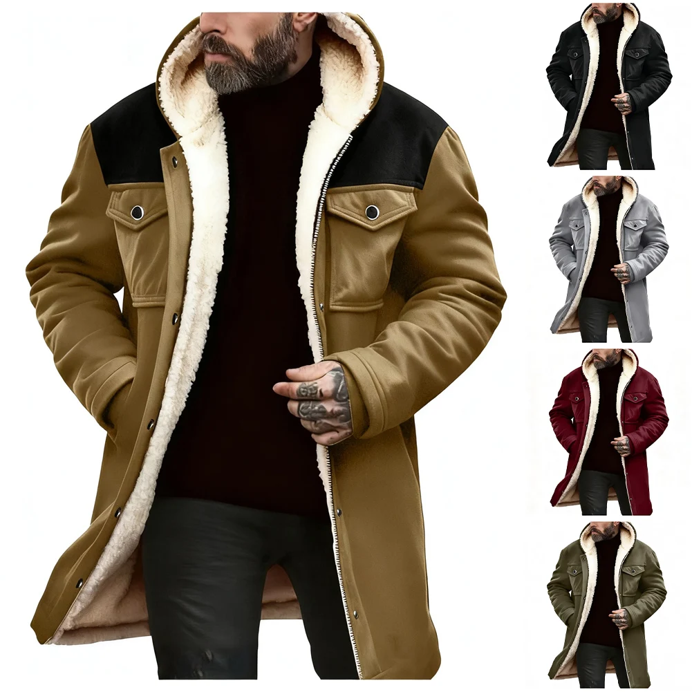 Men\'s Hooded Midlength Suede Plush Warm Jacket with Long Sleeves and Functional Pockets Zipper Coat for Everyday Wear