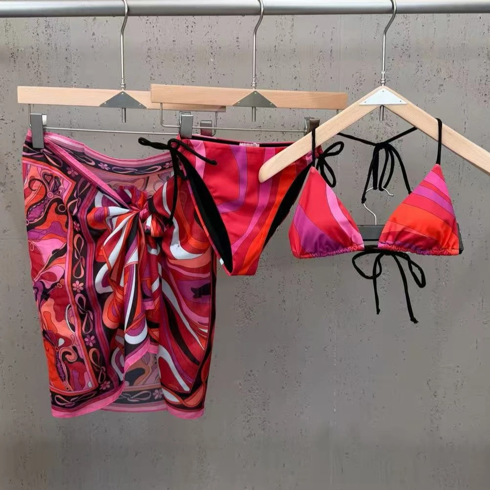 

2026 New Color Block Floral Print Spaghetti Strap Bikini Set with Matching Apron - 3 Piece Outfit, Vacatiom Beach Swimwears Sets