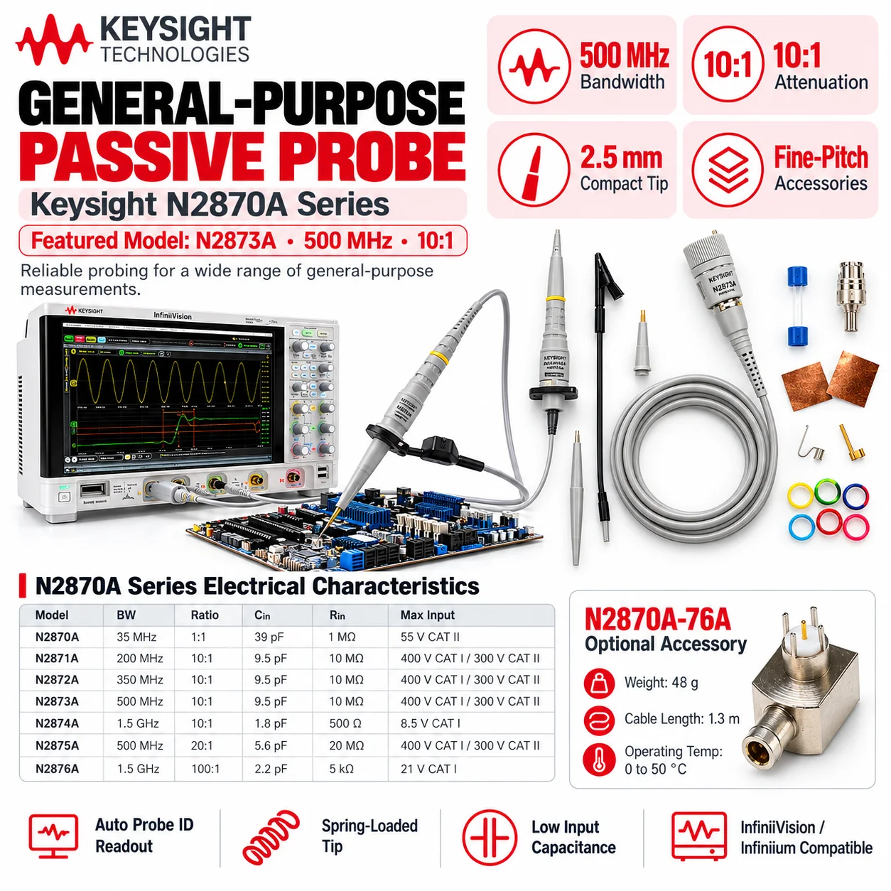 KEYSIGHT N2871A N2876A N2870A Oscilloscope Probe, Passive High Impedance 35MHz 1:1 Test Probe, Scope Measurement Accessory