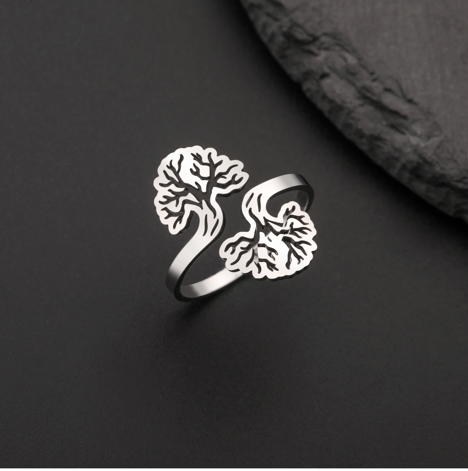 CoolTime Vintage Goldfarbene Damenringe Doppelter Lebensbaum Offener Ring Edelstahl Ausgehöhlter Spiritueller Schmuck Geschenk – Detail 11