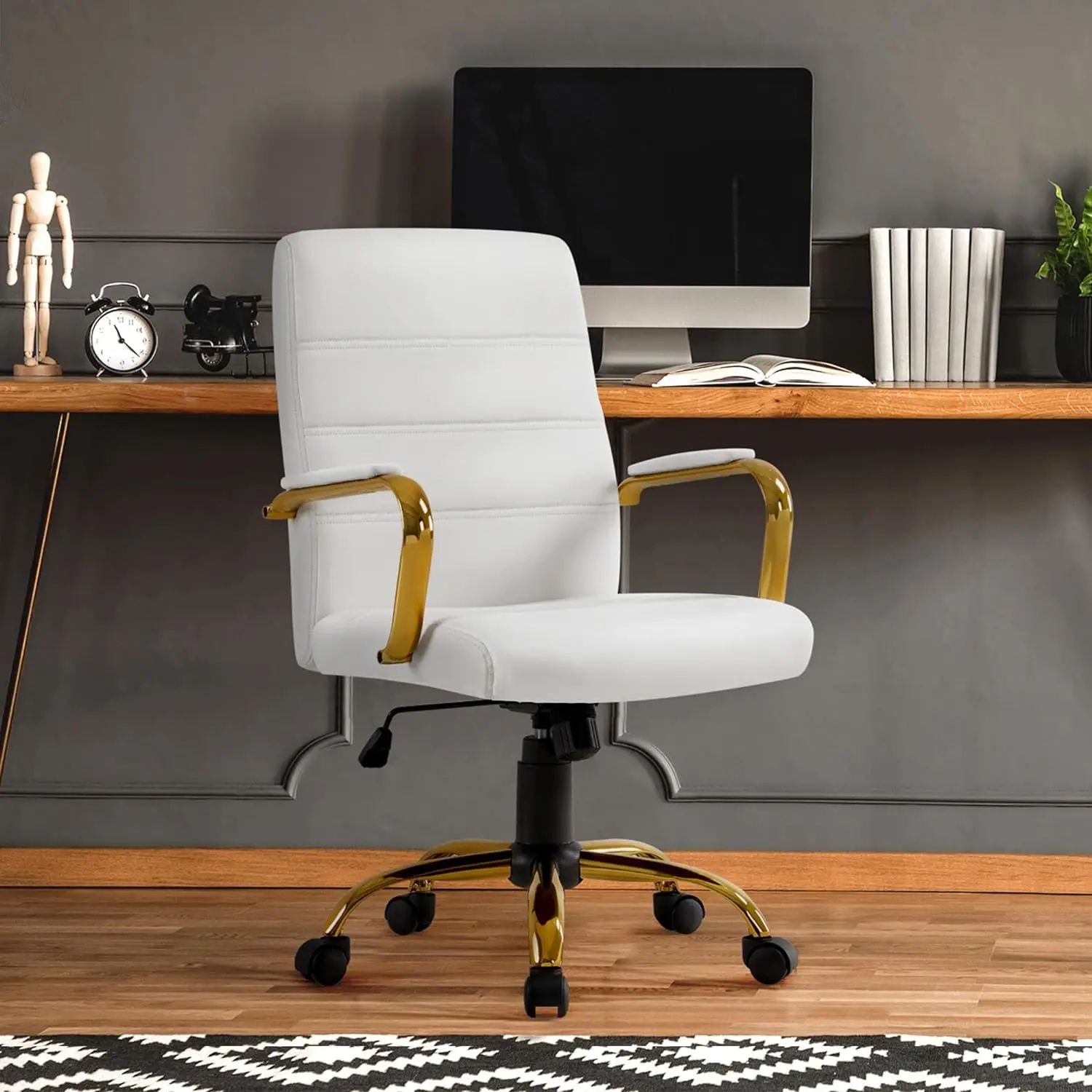 

Comfort corner Mid-Back Office Chair PU Leather Desk Chair Adjustable Executive Task Chair w/Lumber Support Gold Leg White Seat