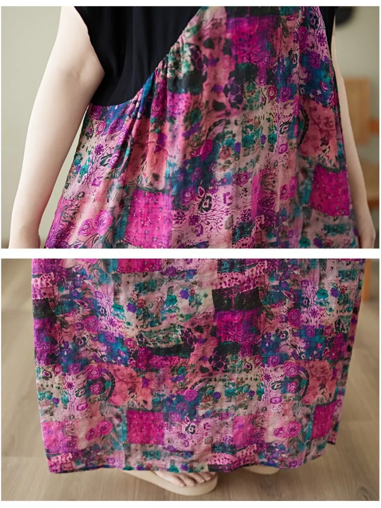 特大夏の V ネックドレス女性花花柄パッチワークファッションフリルルーズレディースドレス A ラインカジュアル女性ドレス