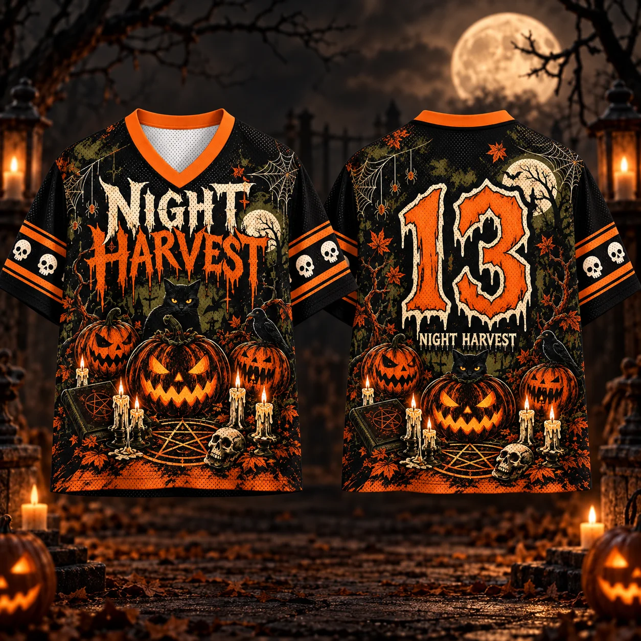 Halloween Night Harvest 13 Mesh Jersey, Spooky Black Cat Raven Pumpkin Skull Candle V‑Neck Short Sleeve, Dark Gothic Oversized