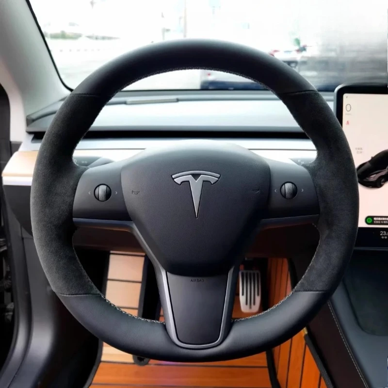 

100% Fit For Tesla Model Y/3 2017-2020 Hand-stitched black Genuine Leather suede car steering wheel cover