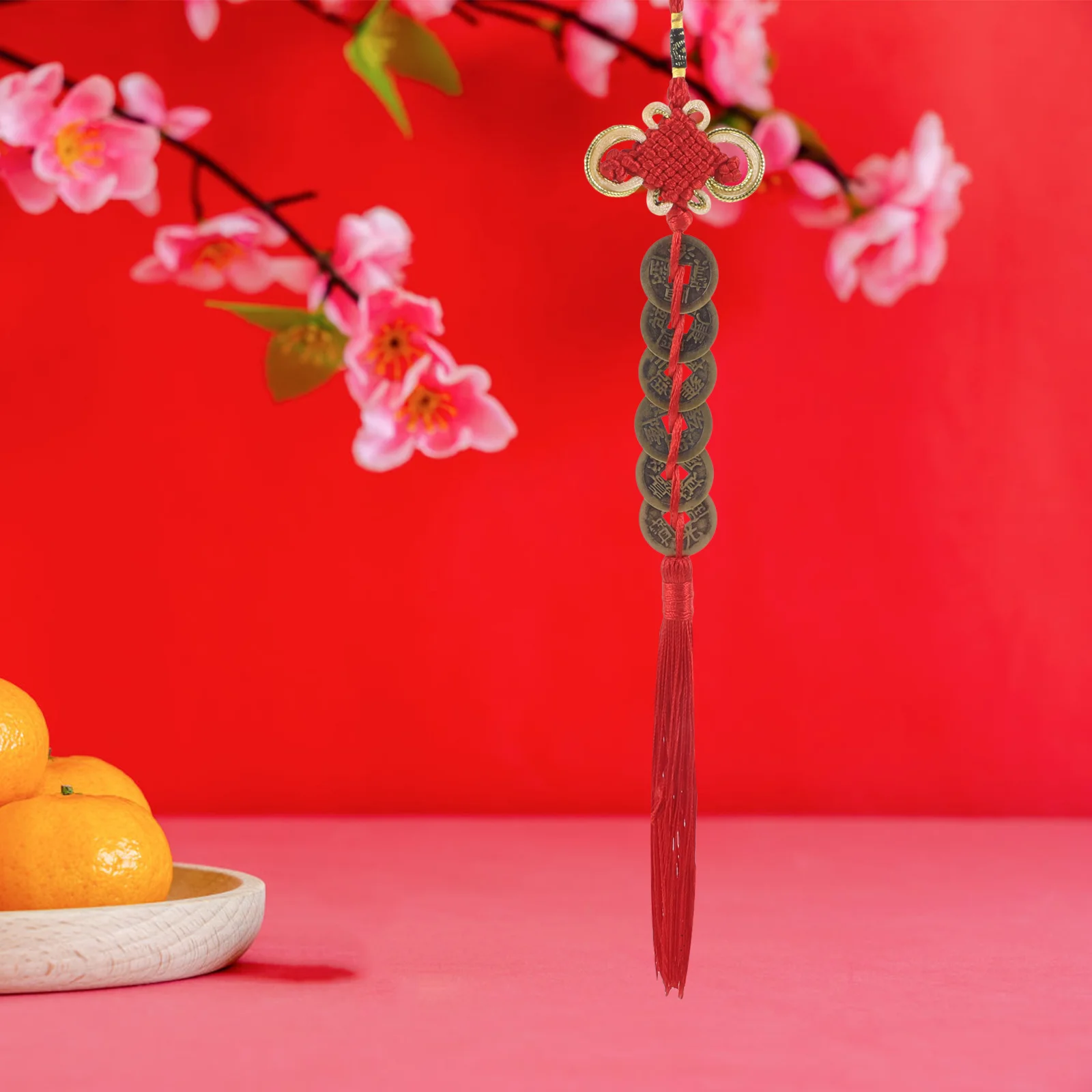 2 pçs ano novo chinês pendurado ornamentos moeda de cobre feng shui nó pingentes borla vermelha sorte encantos prosperidade casa decoração do carro