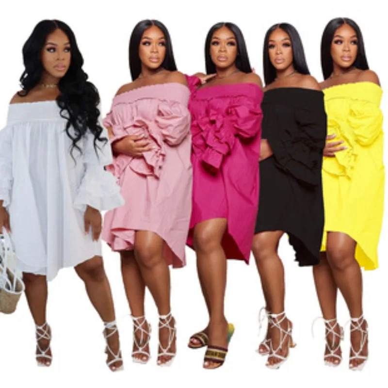 

Chic Women Cascading Ruffles Petal Off Shoulder Long Sleeve Smock Dress 2025 Big Swing Loose Blouse Sundress Vestidos