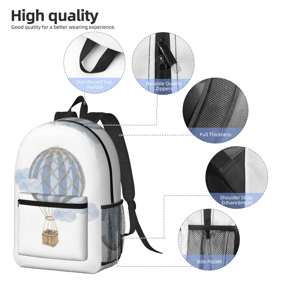 Blue Vintage Hot Air Balloon Backpack Daypack Large Capacity Kids BookBag School Bag Shoulder Bags for Men Women