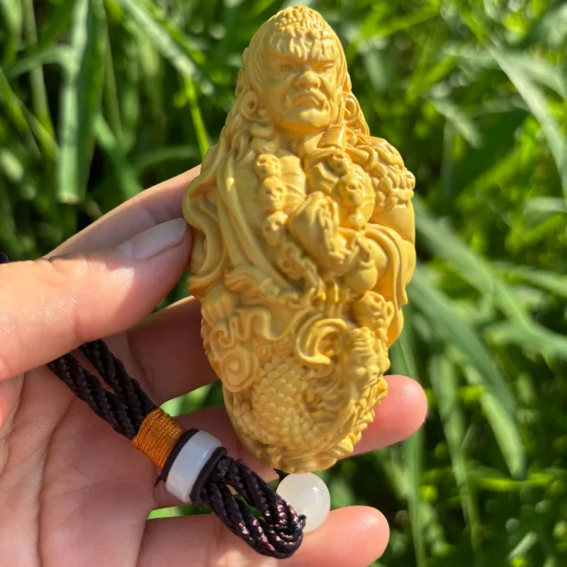 Hand-Carved Boxwood Fudo Myo-o Pendant - 3.5