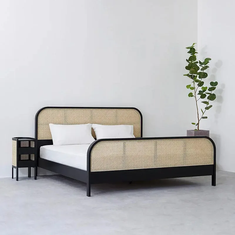 Furniture antique backrest rattan bed solid wood bed master bedroom double bed retro wabi sabi hotel bed bathroom
