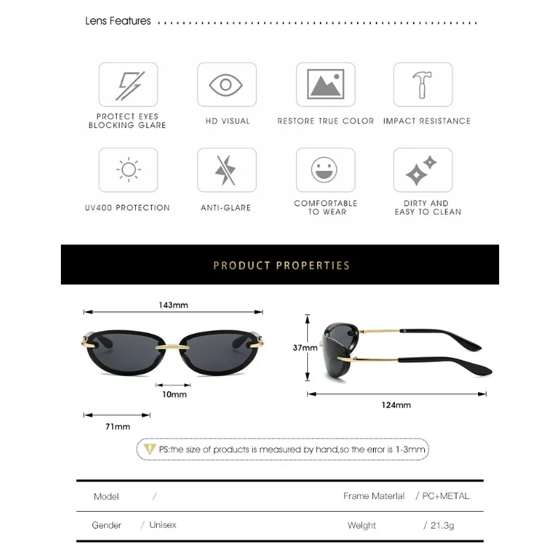 Frameless Metal Y2K Elliptical Sunglasses Tea Colored Fashionable Cut Edge UV Resistant Sunglasses Solid UV400 Men and Women