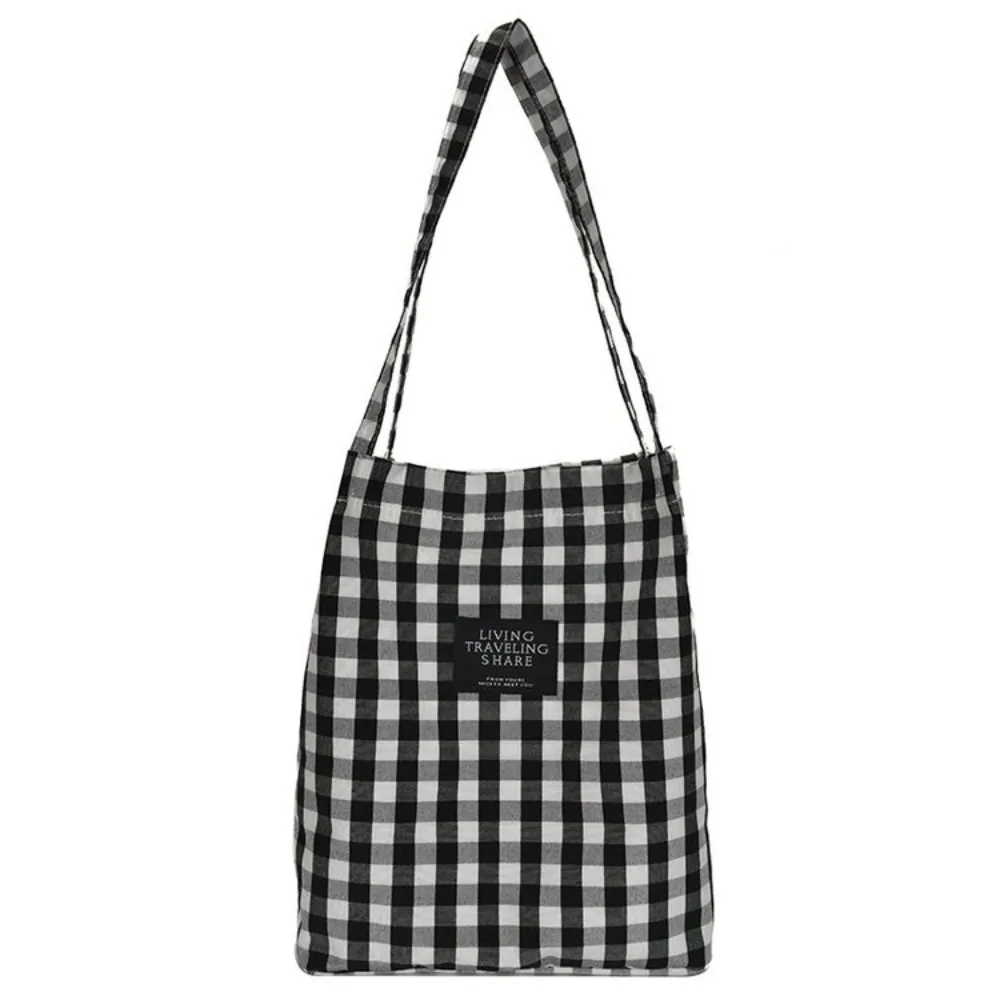 Cotton Linen Shoulder Bag Fashion Square Large Capacity Canvas Handbag Check Plaid Student Books Bag Ladies