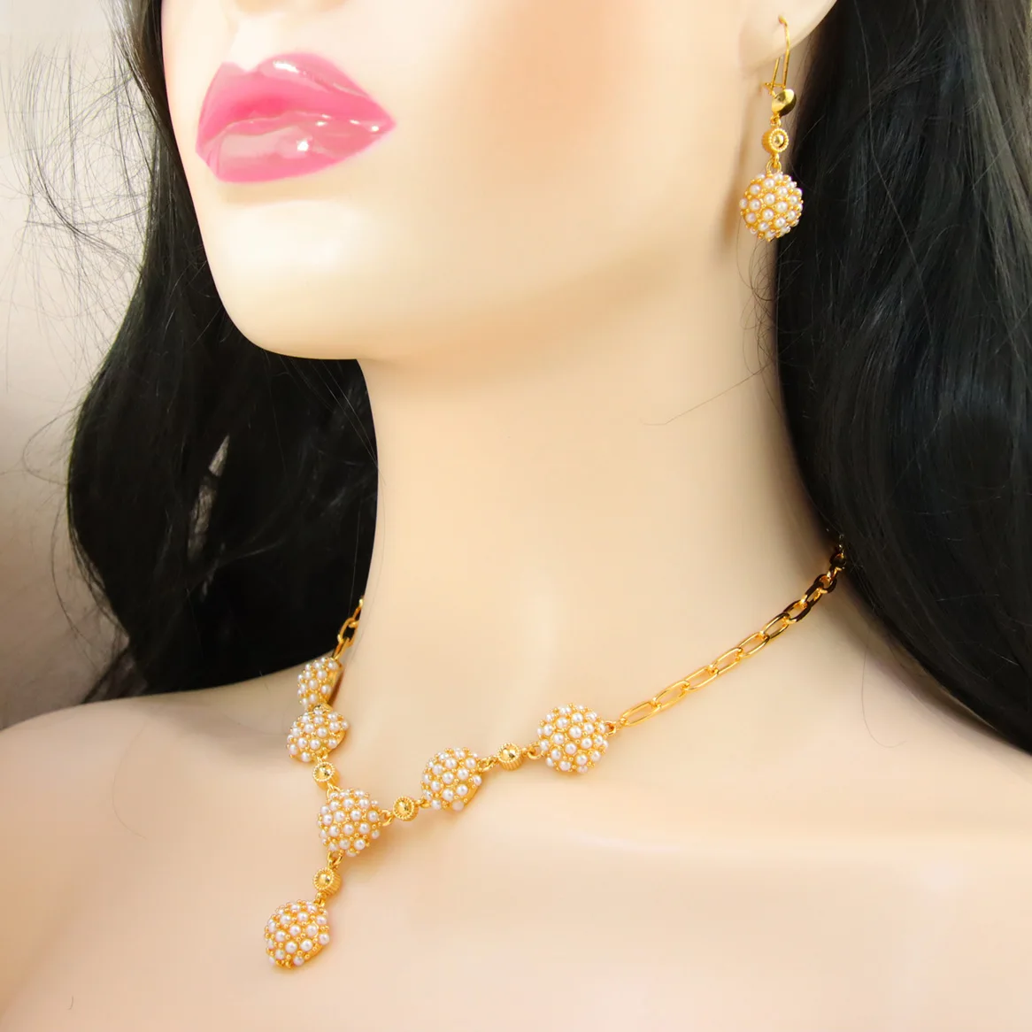 Italienisches goldfarbenes Perlen-Halsketten-Set, 21 Karat vergoldet, Dubai, eleganter Ramadan-Schmuck, arabisches islamisches Mutter-Geburtstagsparty-Geschenk – Detail 3