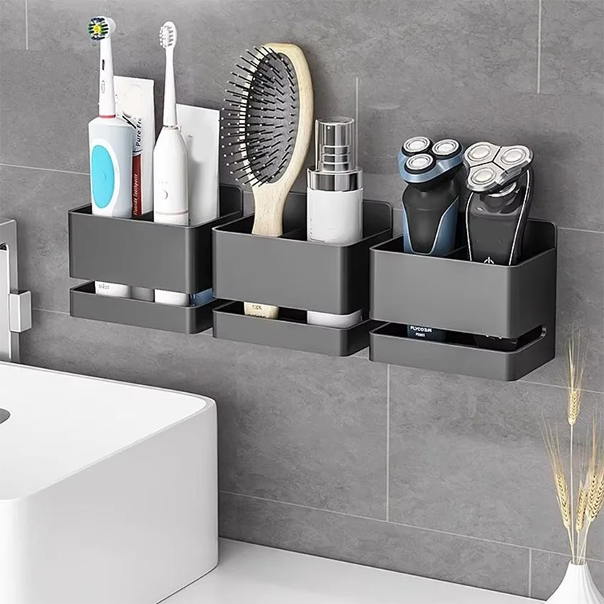 1pc Wall-Mounted Bathroom Organizer - Storage Box with Multiple Compartments for Toothbrushes, Razors & More