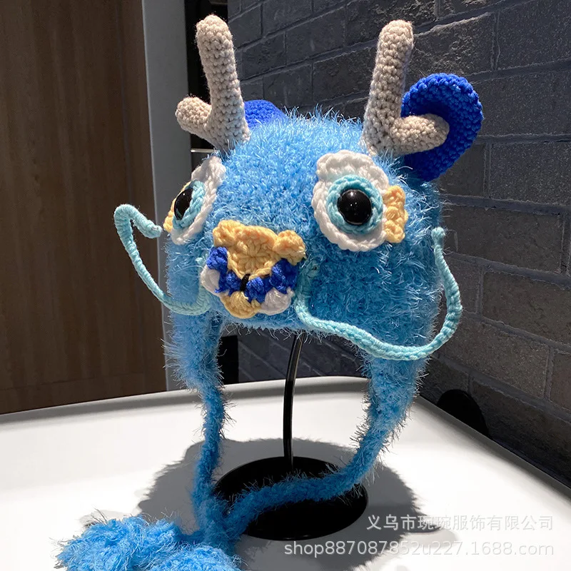 Chinese Zodiac Dragon Cute Woolen Hat Winter Ear Protection Cartoon New Year Dragon Head Knitted Hat