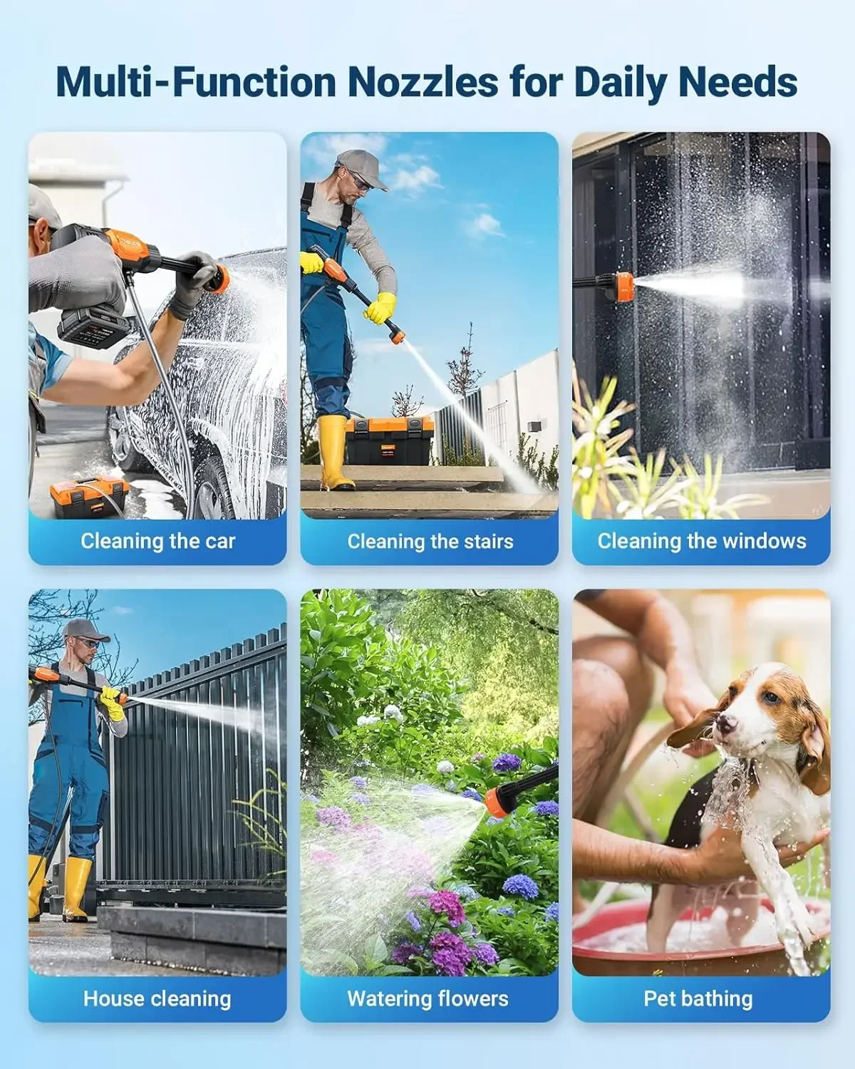 غسالة ضغط لاسلكية، غسالة طاقة محمولة 970 رطل لكل بوصة مربعة مع بطاريات مزدوجة 3.0 أمبير في الساعة، فوهة 6 في 1، غسالة طاقة تعمل بالبطارية #3