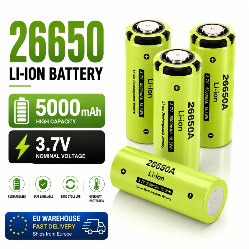 Batterie Li-ion rechargeable 26650 3.7V 5000mAh 5Ah pour lampe torche LED, ventilateur, lumière solaire, jouets, pack de batteries DIY – Livraison rapide depuis l'entrepôt UE – Cellule rechargeable haute capacité à cycle long