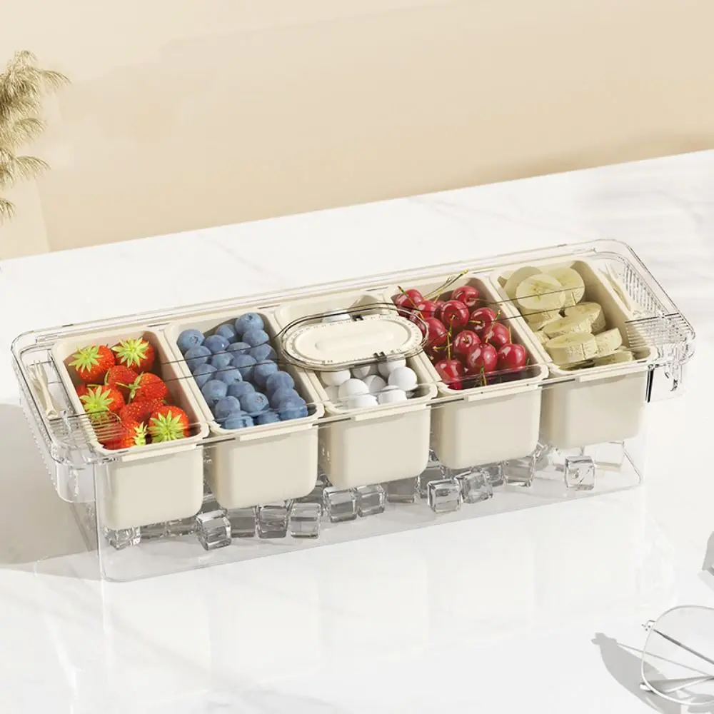 

5 Grids Ice Chilled Tray Platter Keeping Fresh Transparent Fruit Plate Server with Lid Plastic Snacks Container for Home