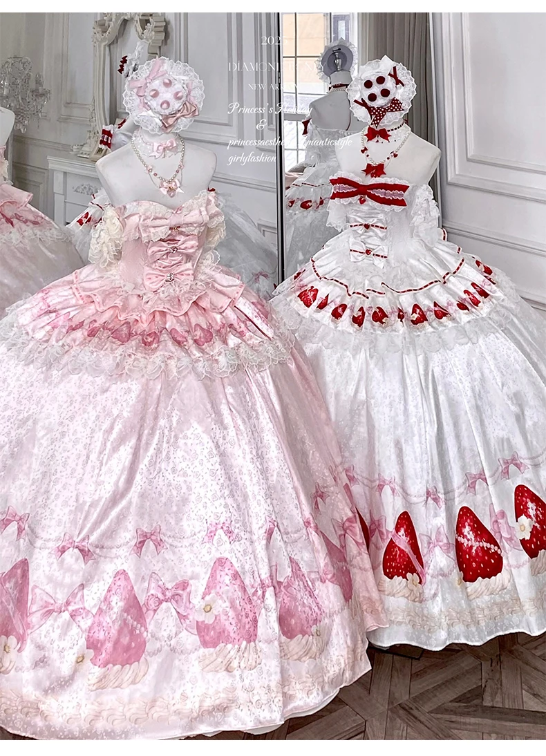 甘いイチゴプリントプリンセスフラワーウェディングドレス女性の記念日パーティーイブニングドレス女の子かわいいリボンチューブトップスカートセット