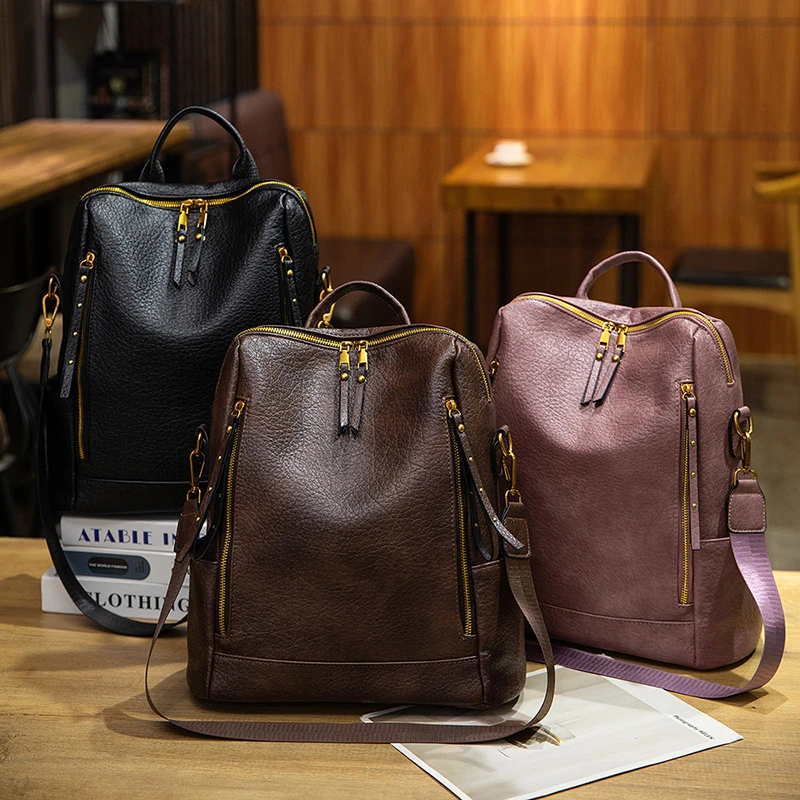 new Large capacity retro style soft women's backpack, convertible shoulder bag, perfect for commuting and trave Purple Coffee