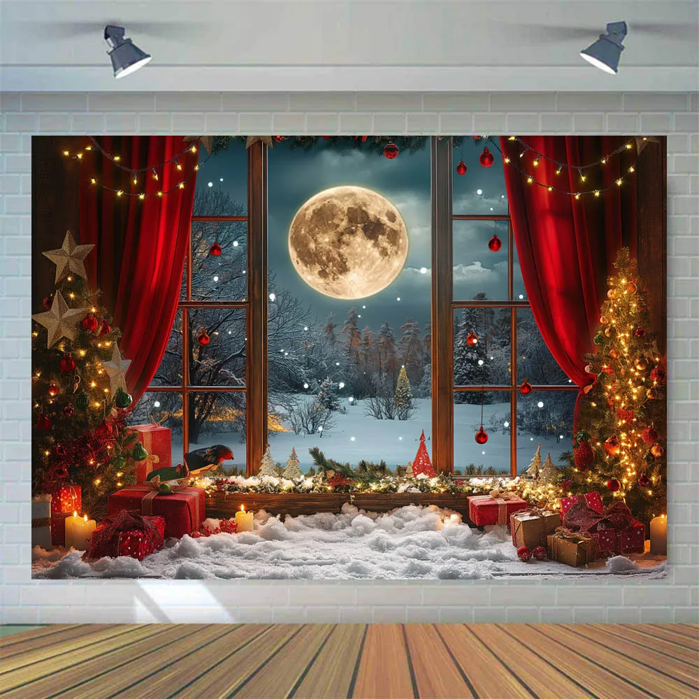 Mocsicka Christmas Photography Backdrop Santa Claus Window Snow Forest Xmas Tree Red Curtain Girl Portrait Photo Backdrops Props