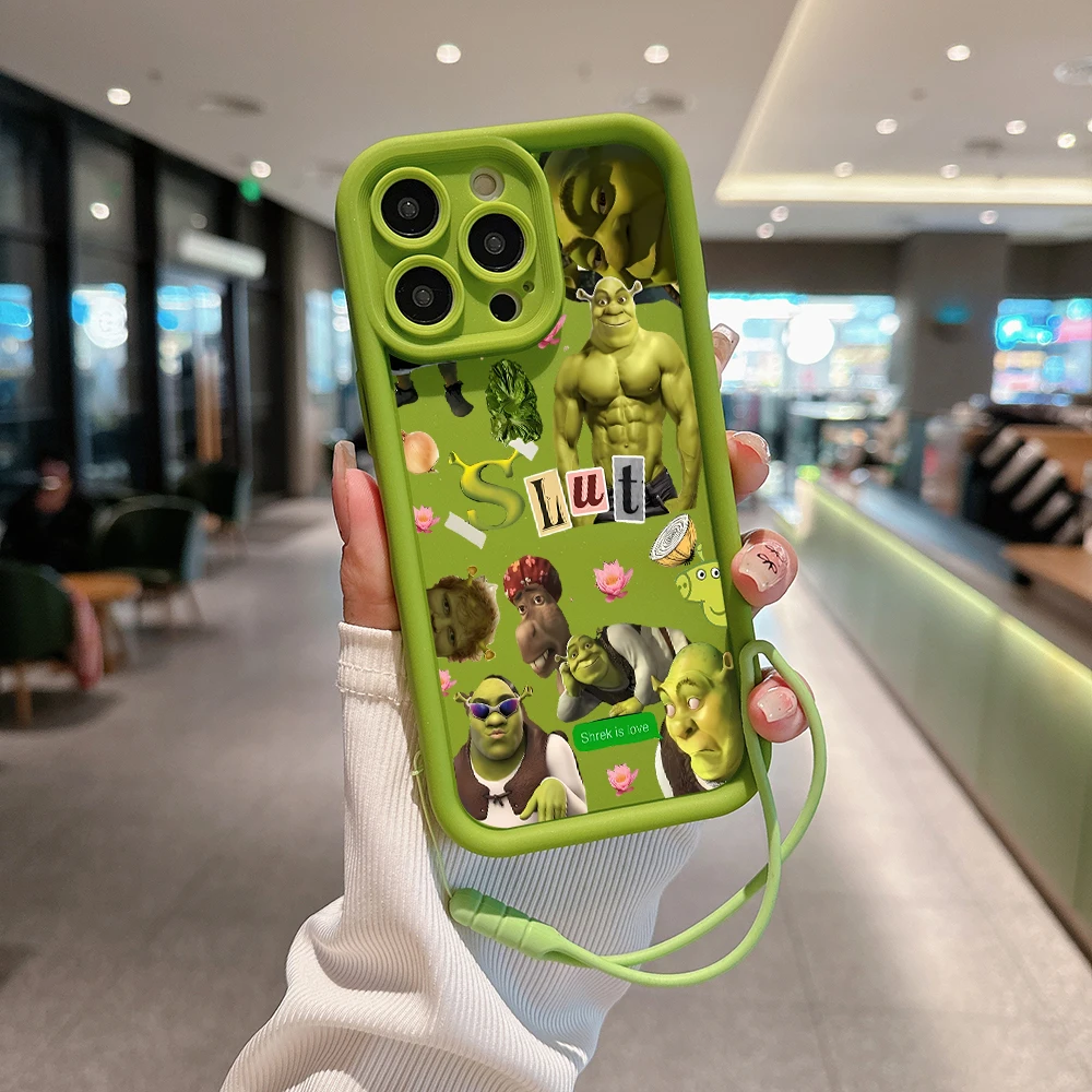 S-shreks-funda trasera de TPU suave con correa de mano para IPhone, carcasa divertida de dibujos animados para IPhone 15, 14, 13, 12, 11 Pro Max,