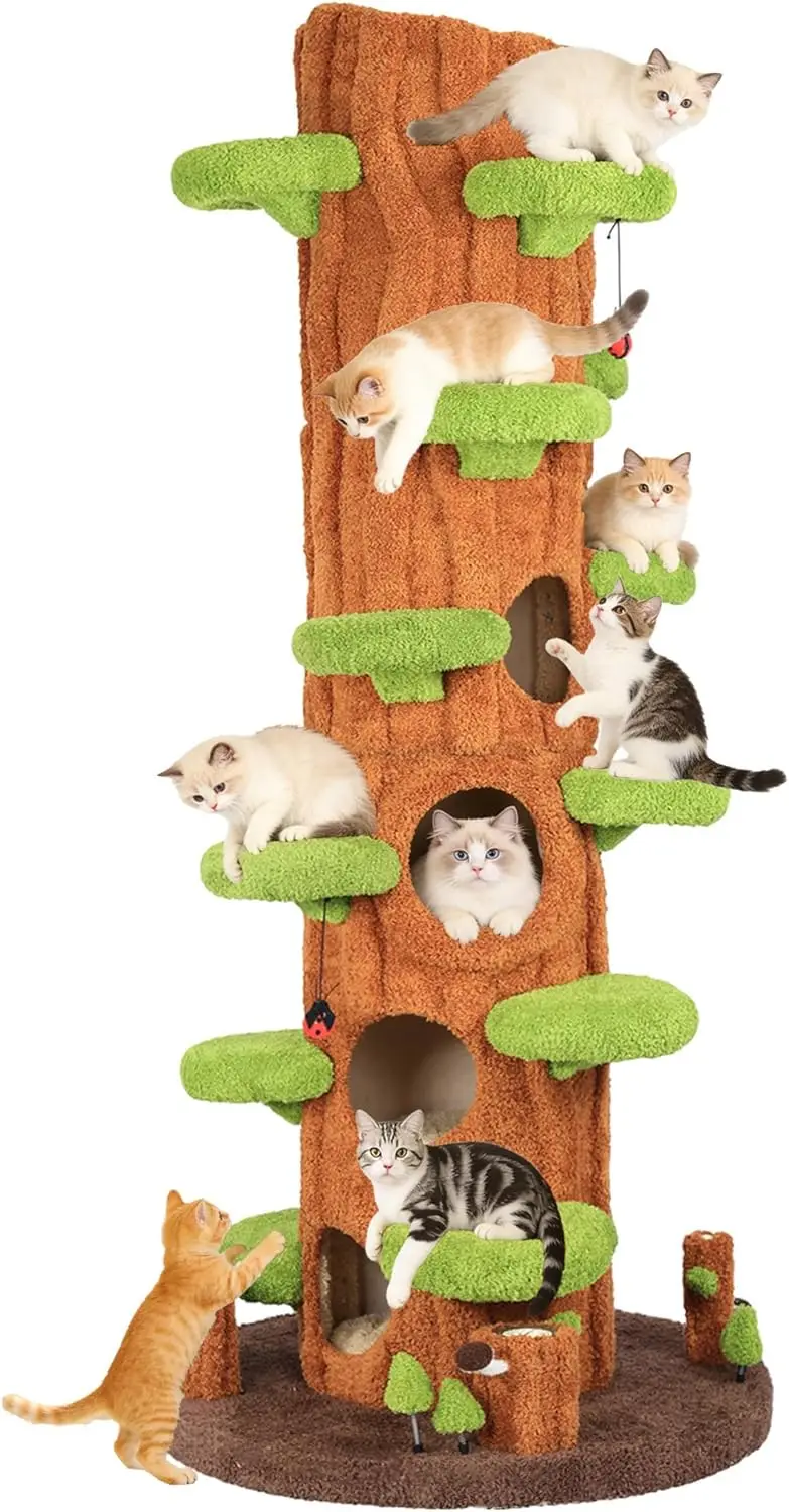 

90.5 Inch Tall Large Cat Tree, Magic Forest Solid Wood Cat Tree Tower with Sisal Scratching Posts, Multi-Level Cat Condo