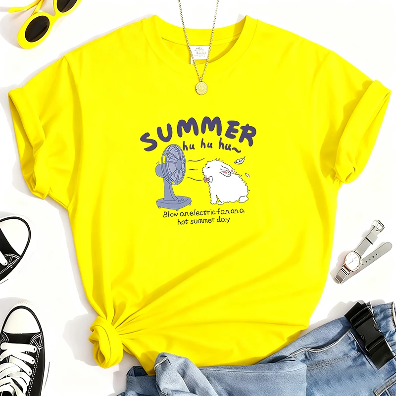 T-shirt girocollo tinta unita con stampa simpatico cartone animato in puro cotone 100%, top casual a maniche corte per tutte le stagioni, abbigliamento da donna