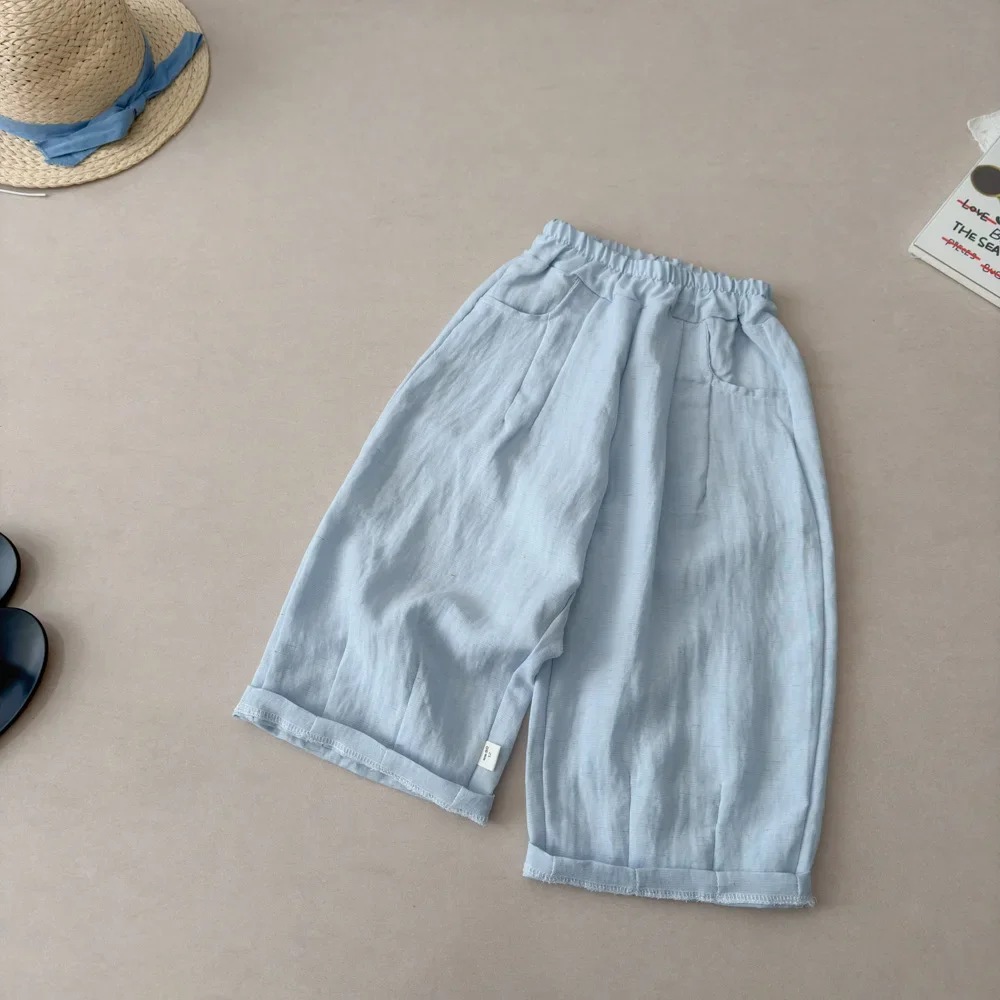 Koreanischer Stil Sommer Jungen Leinenhosen Mädchen Einfarbige Elastische Taille Lockere Kinderhosen Dünne Weiche Kinderhosen Tägliche Outfits – Detail 4